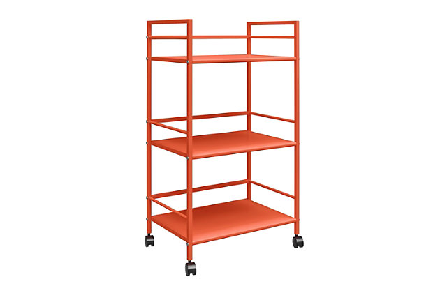From the living room to the bathroom to the kitchen and beyond, the Novogratz Cache Metal Rolling Cart is a great addition to your home. Featuring a minimalistic style, the Cart has 3 large shelves. Each shelf has 3 wrap-around bars and can hold up to 20 lbs. Place glasses, your favorite drinks, and decanter on the shelves for a stylish bar and serving cart or use as a craft cart or office cart to organize your printer, paper, and craft supplies. Easily roll the Cart from room to room on the 4 casters, 2 of which lock into place. The storage possibilities are endless with this versatile cart. Thanks to the orange powder-coated metal finish, this Cart will add a fun and funky pop of color to any space. The Cart ships flat to your door and requires assembly upon opening. Two adults are recommended to assemble. Once assembled, the Cart measures to be 30.11”H x 16.81”W x 11.4”D.Use the novogratz cache rolling cart anywhere you need to add storage space | The orange finish on the powder-coated metal adds a fun pop of color and can easily be cleaned by wiping with a damp cloth | Three large shelves with wraparound bars on 3 sides allows you to organize glasses, toiletry items, craft supplies, and or make the cart into a fun coffee bar | The rolling casters make it easy to move the cart where ever you need and 2 casters lock to keep the cart in place | The cart ships flat to your door and 2 adults are recommended to assemble. Each shelf can hold up to 20 lbs. Assembled dimensions: 30.11”h x 16.81”w x 11.4”d | 1 year limited warranty is included