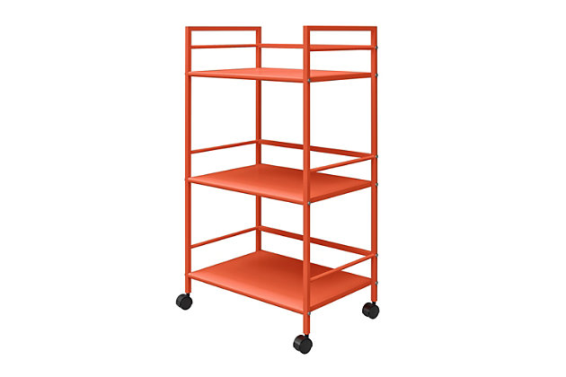 From the living room to the bathroom to the kitchen and beyond, the Novogratz Cache Metal Rolling Cart is a great addition to your home. Featuring a minimalistic style, the Cart has 3 large shelves. Each shelf has 3 wrap-around bars and can hold up to 20 lbs. Place glasses, your favorite drinks, and decanter on the shelves for a stylish bar and serving cart or use as a craft cart or office cart to organize your printer, paper, and craft supplies. Easily roll the Cart from room to room on the 4 casters, 2 of which lock into place. The storage possibilities are endless with this versatile cart. Thanks to the orange powder-coated metal finish, this Cart will add a fun and funky pop of color to any space. The Cart ships flat to your door and requires assembly upon opening. Two adults are recommended to assemble. Once assembled, the Cart measures to be 30.11”H x 16.81”W x 11.4”D.Use the novogratz cache rolling cart anywhere you need to add storage space | The orange finish on the powder-coated metal adds a fun pop of color and can easily be cleaned by wiping with a damp cloth | Three large shelves with wraparound bars on 3 sides allows you to organize glasses, toiletry items, craft supplies, and or make the cart into a fun coffee bar | The rolling casters make it easy to move the cart where ever you need and 2 casters lock to keep the cart in place | The cart ships flat to your door and 2 adults are recommended to assemble. Each shelf can hold up to 20 lbs. Assembled dimensions: 30.11”h x 16.81”w x 11.4”d | 1 year limited warranty is included