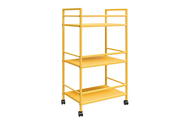 From the living room to the bathroom to the kitchen and beyond, the Novogratz Cache Metal Rolling Cart is a great addition to your home. Featuring a minimalistic style, the Cart has 3 large shelves. Each shelf has 3 wrap-around bars and can hold up to 20 lbs. Place glasses, your favorite drinks, and decanter on the shelves for a stylish bar and serving cart or use as a craft cart or office cart to organize your printer, paper, and craft supplies. Easily roll the Cart from room to room on the 4 casters, 2 of which lock into place. The storage possibilities are endless with this versatile cart. Thanks to the yellow powder-coated metal finish, this Cart will add a fun and funky pop of color to any space. The Cart ships flat to your door and requires assembly upon opening. Two adults are recommended to assemble. Once assembled, the Cart measures to be 30.11”H x 16.81”W x 11.4”D.Use the novogratz cache rolling cart anywhere you need to add storage space | The yellow finish on the powder-coated metal adds a fun pop of color and can easily be cleaned by wiping with a damp cloth | Three large shelves with wraparound bars on 3 sides allows you to organize glasses, toiletry items, craft supplies, and or make the cart into a fun coffee bar | The rolling casters make it easy to move the cart where ever you need and 2 casters lock to keep the cart in place | The cart ships flat to your door and 2 adults are recommended to assemble. Each shelf can hold up to 20 lbs. Assembled dimensions: 30.11”h x 16.81”w x 11.4”d | 1 year limited warranty is included