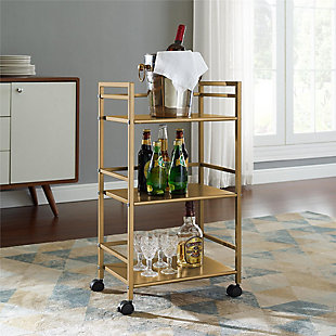 From the living room to the kitchen and beyond, the Novogratz Helix 3 Shelf Metal Rolling Utility Cart is a great addition to your home. Made of powder-coated metal, the trendy gold finish looks great and can easily be cleaned with a damp cloth. Featuring a minimalistic style, the cart has 3 large shelves to hold snacks, silverware, cleaning supplies, or books. Each shelf has 3 wrap around bars to keep your items in place. This lightweight Cart can easily roll from room to room on the 4 castors, 2 of which lock into place. The Rolling Utility Cart ships flat to your door and requires minimal assembly. Once assembled, the Cart measures to be 29.92”H x 16.81”W x 11.42”D.Use the novogratz helix 3 shelf metal rolling utility cart to add mobile storage to any room you need | The trendy gold finish on the powder-coated metal gives the cart a modern look and can be cleaned with a damp cloth | Use the 3 shelves to store all of your snacks, cleaning supplies, or books. The wrap around bars prevent your items from falling off. The lightweight cart easily goes from one room to the other on the 4 castors. Keep the cart from rolling away by locking 2 of the castors when in use | Complete your collection with other items from novogratz (sold separately) | The rolling utility cart ships flat to your door and requires minimal assembly. Assembled dimensions: 29.92”h x 16.81”w x 11.42”d | 1 year limited warranty included