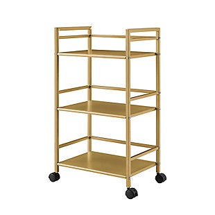 From the living room to the kitchen and beyond, the Novogratz Helix 3 Shelf Metal Rolling Utility Cart is a great addition to your home. Made of powder-coated metal, the trendy gold finish looks great and can easily be cleaned with a damp cloth. Featuring a minimalistic style, the cart has 3 large shelves to hold snacks, silverware, cleaning supplies, or books. Each shelf has 3 wrap around bars to keep your items in place. This lightweight Cart can easily roll from room to room on the 4 castors, 2 of which lock into place. The Rolling Utility Cart ships flat to your door and requires minimal assembly. Once assembled, the Cart measures to be 29.92”H x 16.81”W x 11.42”D.Use the novogratz helix 3 shelf metal rolling utility cart to add mobile storage to any room you need | The trendy gold finish on the powder-coated metal gives the cart a modern look and can be cleaned with a damp cloth | Use the 3 shelves to store all of your snacks, cleaning supplies, or books. The wrap around bars prevent your items from falling off. The lightweight cart easily goes from one room to the other on the 4 castors. Keep the cart from rolling away by locking 2 of the castors when in use | Complete your collection with other items from novogratz (sold separately) | The rolling utility cart ships flat to your door and requires minimal assembly. Assembled dimensions: 29.92”h x 16.81”w x 11.42”d | 1 year limited warranty included