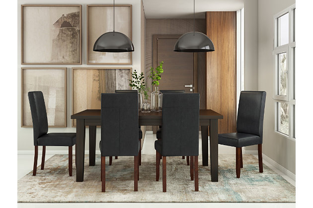 The Acadian parson chair is a tasteful, well-made seating solution. The dining chair is made from durable fabrics and showcases a beautiful stitched exterior. Contemporary in design, this piece will bring chic style to your dining room.Set of 2 | Made with wood and engineered wood | High-density foam seat with webbing suspension | Distressed black polyurethane (faux leather) upholstery | Assembly required