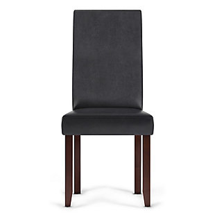 What you need is an affordable and attractive dining chair to match your dining table. The Acadian Parson Chair is a tasteful, well made seating solution. The dining chair is made from durable fabrics and features a beautiful stitched exterior. Whether you use this parson chair in your dining room, kitchen, office or basement, this chair is an easy to assemble and stylish answer to your needs.; Efforts are made to reproduce accurate colors, variations in color may occur due to computer monitor and photography; At Simpli Home we believe in creating excellent, high quality products made from the finest materials at an affordable price. Every one of our products come with a 1-year warranty and easy returns if you are not satisfiedDIMENSIONS: 18.5" D x 18.1" W x 39.4" H | Hand constructed using solid and engineered wood, superior webbing seat suspension and high density foam for more comfortable seating | Upholstered with a durable premium Distressed Black Faux Leather | Multi-functional chair can be used in kitchen, dining room, office or sitting area | Classic Contemporary design includes solid wood legs in brown and stitching detail | Price for two (2) pieces per carton | Assembly Required | We believe in creating excellent, high quality products made from the finest materials at an affordable price. Every one of our products come with a 1-year warranty and easy returns if you are not satisfied.