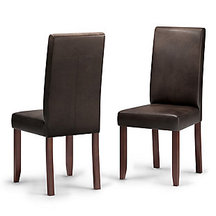 The Acadian parson chair is a tasteful, well-made seating solution. The dining chair is made from durable fabrics and showcases a beautiful stitched exterior. Contemporary in design, this piece will bring chic style to your dining room.Set of 2 | Made with wood and engineered wood | High-density foam seat with webbing suspension | Distressed brown polyurethane (faux leather) upholstery | Assembly required