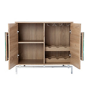Keep your favorite drinks close at hand with this modern bar cabinet. Two shelves organize spare glassware and bar essentials, while double doors tuck away necessities for a clean, clutter-free space. Mirrored hardware brings a contemporary feel, adding style and dimension to your dining area or living room. Entertain like a pro when you station this wine cabinet with storage alongside your dining table or in your open concept space.Modern wine cabinet | Features 2 cabinets w/ 2 shelves | Includes 6 bottle holders and 3 glassware racks | Holds up to 9 wine glasses | Mirrored door handles add contemporary flair