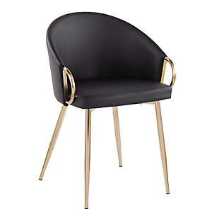 Chic modern style shines bright with the unique design of the Claire Chair by LumiSource. With a rounded low backrest, sleek gold armrests, and frame, it's the perfect piece for your contemporary dining area. The Claire Chair is available in lush velvet or faux leather upholstery.Contemporary/glam styling | Sleek faux leather upholstery | Padded seat and backrest | Gold metal frame | Great for use as a dining or accent chair | 18"L × 20.5"W × 29.5"H , Seat To Floor: 19.25", Seat Depth: 16.5", Inside Seat Width: 17.5", Backrest Height: 12", Armrest Height: 5", Armrest Length: 9", Seat To Back Angle: 97°