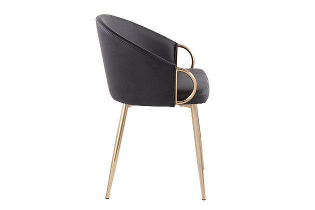 Chic modern style shines bright with the unique design of the Claire Chair by LumiSource. With a rounded low backrest, sleek gold armrests, and frame, it's the perfect piece for your contemporary dining area. The Claire Chair is available in lush velvet or faux leather upholstery.Contemporary/glam styling | Sleek faux leather upholstery | Padded seat and backrest | Gold metal frame | Great for use as a dining or accent chair | 18"L × 20.5"W × 29.5"H , Seat To Floor: 19.25", Seat Depth: 16.5", Inside Seat Width: 17.5", Backrest Height: 12", Armrest Height: 5", Armrest Length: 9", Seat To Back Angle: 97°