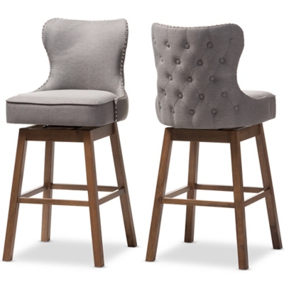 Baxton Studio Baxton Studio Gradisca Modern and Contemporary Brown Wood Finishing and Grey Fabric Button-Tufted Upholstered Swivel Barstool, Gray/Brown, large