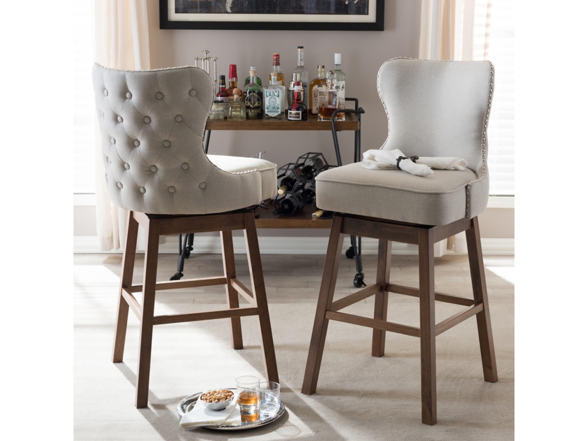 Baxton Studio Gradisca Modern and Contemporary Brown Wood Finishing and Light Beige Fabric Button-Tufted Upholstered Swivel Barstool - Set of 2 Baxton Studio Gradisca Modern and Contemporary Brown Wood Finishing and Light Beige Fabric Button-Tufted Upholstered Swivel Barstool - Set of 2