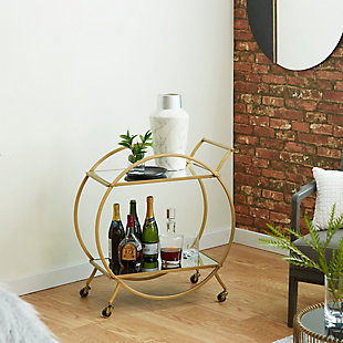 Bayberry Lane Gold Metal Rolling 2 Mirrored Shelves Bar Cart with Wheels and Handle 27" x 15" x 30", Gold, rollover