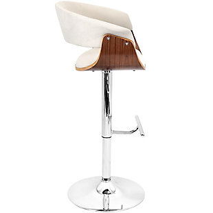 Fashion meets function with the curvaceous allure of this bar stool. An adjustable chrome-tone metal base and cushioned seat and back add practicality to the artful curves. Add it to your kitchen or bar for an impressive appeal.Made of engineered wood with walnut-tone finish | Cushioned seat with polyester upholstery | Chrome-tone tubular metal base | Footrest and weighted pedestal base | 360-degree swivel | Adjustable height (moves from counter to pub height) | Assembly required