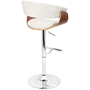 Fashion meets function with the curvaceous allure of this bar stool. An adjustable chrome-tone metal base and cushioned seat and back add practicality to the artful curves. Add it to your kitchen or bar for an impressive appeal.Made of engineered wood with walnut-tone finish | Cushioned seat with polyester upholstery | Chrome-tone tubular metal base | Footrest and weighted pedestal base | 360-degree swivel | Adjustable height (moves from counter to pub height) | Assembly required