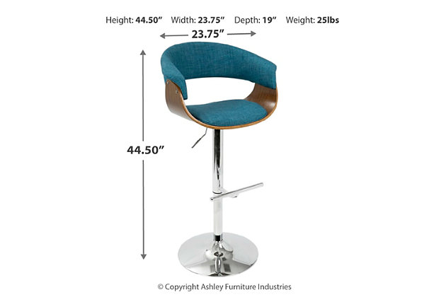 Fashion meets function with the curvaceous allure of this bar stool. An adjustable chrome-tone metal base and cushioned seat and back add practicality to the artful curves. Add it to your kitchen or bar for an impressive appeal.Made of bent wood with walnut-tone finish | Cushioned seat with polyester upholstery | Chrome-tone tubular metal base | Footrest and weighted pedestal base | 360-degree swivel | Adjustable height (moves from counter to pub height) | Assembly required