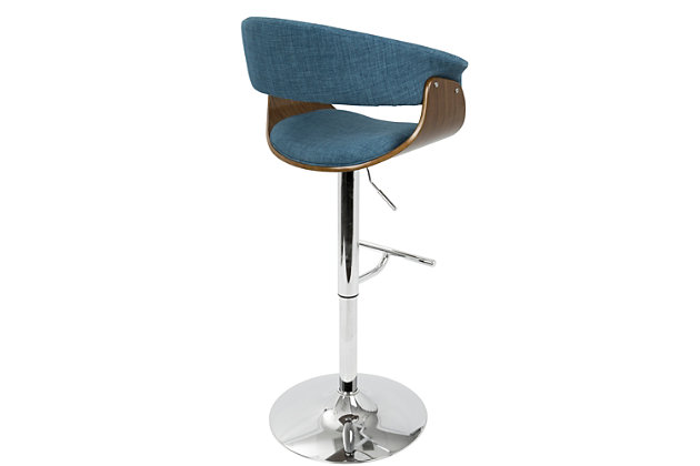 Fashion meets function with the curvaceous allure of this bar stool. An adjustable chrome-tone metal base and cushioned seat and back add practicality to the artful curves. Add it to your kitchen or bar for an impressive appeal.Made of bent wood with walnut-tone finish | Cushioned seat with polyester upholstery | Chrome-tone tubular metal base | Footrest and weighted pedestal base | 360-degree swivel | Adjustable height (moves from counter to pub height) | Assembly required