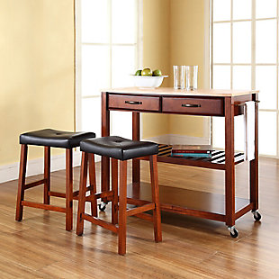 Kitchen Prep Kitchen Cart with 2 Saddle Stools, Cherry/Light Brown, rollover