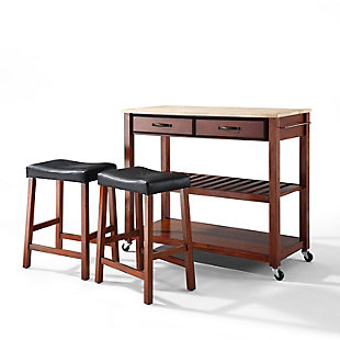 Kitchen Prep Kitchen Cart with 2 Saddle Stools, Cherry/Light Brown, large