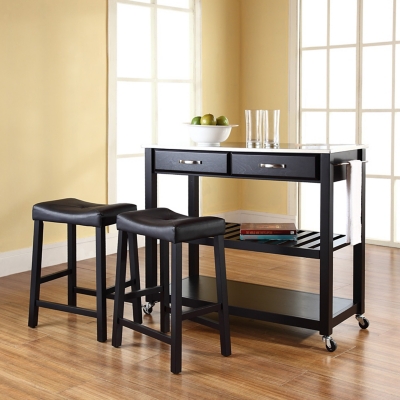 Kitchen Prep Kitchen Cart with 2 Saddle Stools, Black/Steel