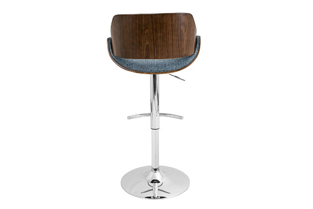 The wide welcoming seat of this bar stool beckons for one to sit and unwind for a while. A scooped, contoured seat and curved back add to its modern yet chic design. The chrome-tone base adds beautiful contrast to the woven upholstery. This is an ideal selection for kitchen seating or a home bar.Made of engineered wood with walnut-tone finish | Cushioned seat with polyester upholstery over thick foam | Chrome-tone tubular metal base | Footrest and weighted pedestal base | 360-degree swivel | Adjustable height (moves from counter to pub height) | Assembly required