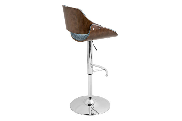 The wide welcoming seat of this bar stool beckons for one to sit and unwind for a while. A scooped, contoured seat and curved back add to its modern yet chic design. The chrome-tone base adds beautiful contrast to the woven upholstery. This is an ideal selection for kitchen seating or a home bar.Made of engineered wood with walnut-tone finish | Cushioned seat with polyester upholstery over thick foam | Chrome-tone tubular metal base | Footrest and weighted pedestal base | 360-degree swivel | Adjustable height (moves from counter to pub height) | Assembly required
