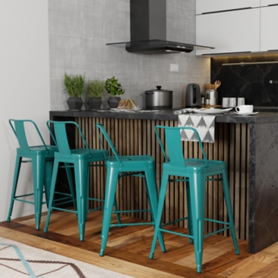 Simpli Home Rayne Counter Height Bar Stool (Set of 4), Teal Blue, rollover