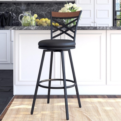 Atwater Living Lenny Upholtered Seat Swivel Barstool, Black PU, Set of 3, , large