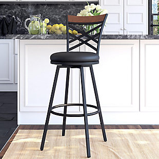 Atwater Living Lenny Upholtered Seat Swivel Barstool, Black PU, Set of 3, , rollover
