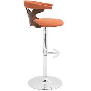 The unique cut-out design that forms the back of this bar stool adds considerable visual interest to this exciting seating option. The rounded back adds comfort while the woven fabric upholstery lends a dressed-up air.Made of engineered wood with walnut-tone finish | Cushioned seat with polyester upholstery over thick foam | Chrome-tone tubular metal base | Footrest and weighted pedestal base | 360-degree swivel | Adjustable height (moves from counter to pub height) | Assembly required