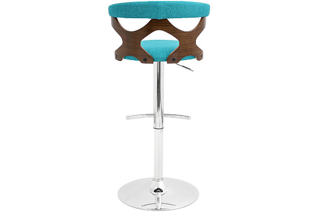The unique cut-out design that forms the back of this bar stool adds considerable visual interest to this exciting seating option. The rounded back adds comfort while the woven fabric upholstery lends a dressed-up air.Made of engineered wood with walnut-tone finish | Cushioned seat with polyester upholstery over thick foam | Chrome-tone tubular metal base | Footrest and weighted pedestal base | 360-degree swivel | Adjustable height (moves from counter to pub height) | Assembly required