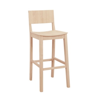 side view of wooden barstool showing curved seat