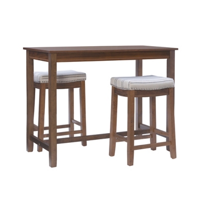 Wide view of table with two stools