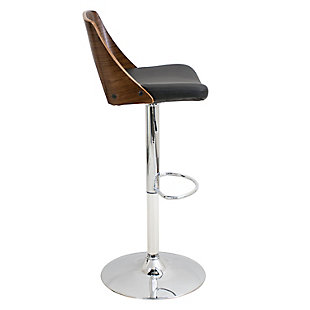 This bar stool will add a touch of elegance and luxury to any group gathering, whether relaxing or recharging. The leatherette upholstery is easy to clean with a quick wipe. Bent wood backrest adds rich contrast to the sturdy frame while an attached footrest is sure to result in hours of easy conversation.Made of engineered wood with walnut-tone finish | Cushioned seat with faux leather upholstery over thick foam | Chrome-tone tubular metal base | Footrest and weighted pedestal base | 360-degree swivel | Adjustable height (moves from counter to pub height) | Assembly required