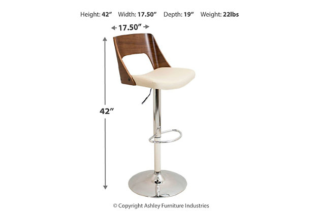 This bar stool will add a touch of elegance and luxury to any group gathering, whether relaxing or recharging. The leatherette upholstery is easy to clean with a quick wipe. Bent wood backrest adds rich contrast to the sturdy frame while an attached footrest is sure to result in hours of easy conversation.Made of engineered wood with walnut-tone finish | Cushioned seat with faux leather upholstery over thick foam | Chrome-tone tubular metal base | Footrest and weighted pedestal base | 360-degree swivel | Adjustable height (moves from counter to pub height) | Assembly required