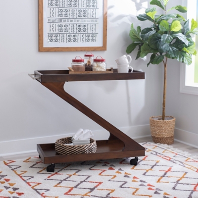 Linon Wille Wood Rolling Bar Cart, Warm Brown, rollover