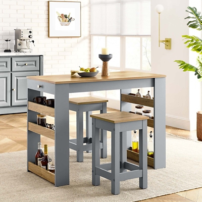 Galley 3-Piece Kitchen Island and Stool Set, Oak Gray