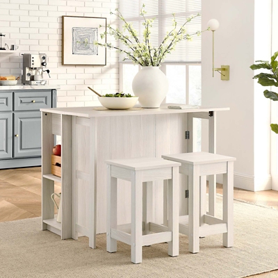 Meadowbrook 3-Piece Kitchen Island and Stool Set, White/Maple