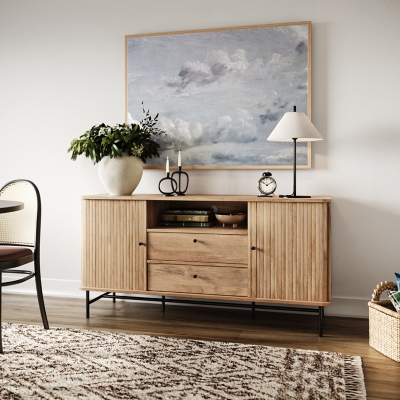 CorLiving Hikari Curved Sideboard Buffet, Light Wood