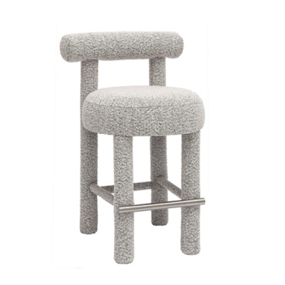 Grey textured upholstered bar stool with rounded backrest