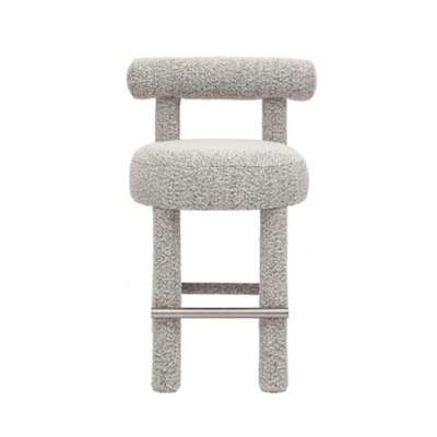 Three-quarter view of the same grey boucle bar stool