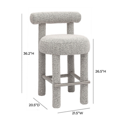 Product dimensions diagram of boucle bar stool with measurements