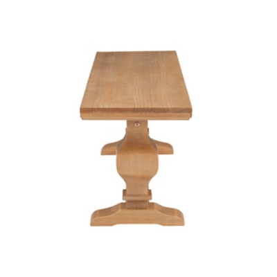 End perspective of bench showing tabletop and carved pedestal