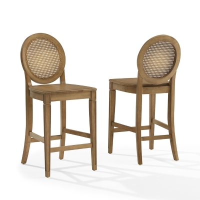 Two wooden counter height stools with caned backs