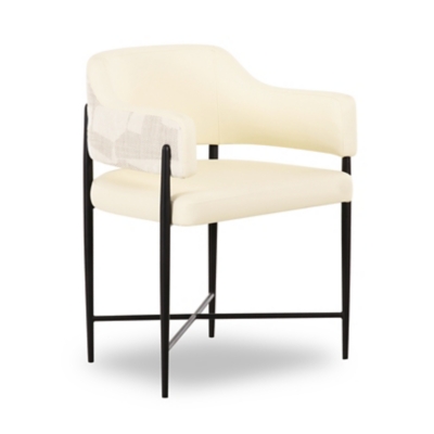 Cream upholstered dining chair with black metal legs, armchair style