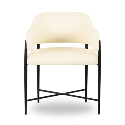 Cream upholstered dining chair front view with black metal frame