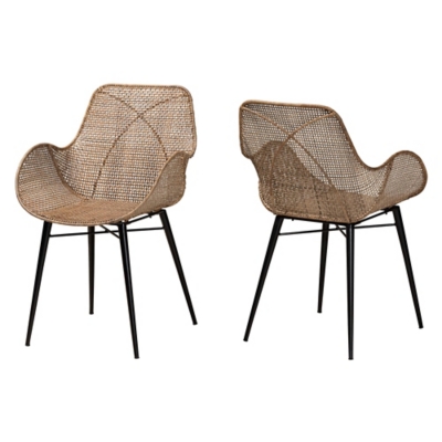 Two woven dining chairs facing forward and slightly angled