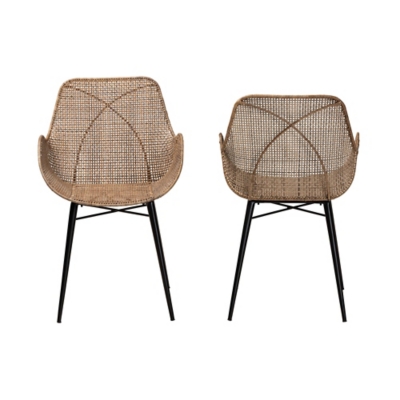 Two woven dining chairs seen from front and back