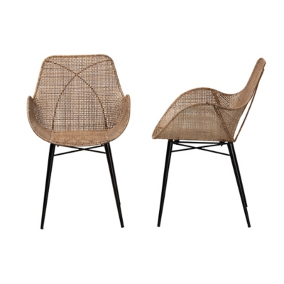 Two woven dining chairs seen from side and front