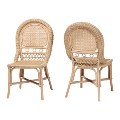 Two rattan dining chairs shown from front and back