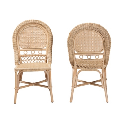 Two rattan dining chairs shown from front and back