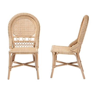 Front and side views of a rattan dining chair