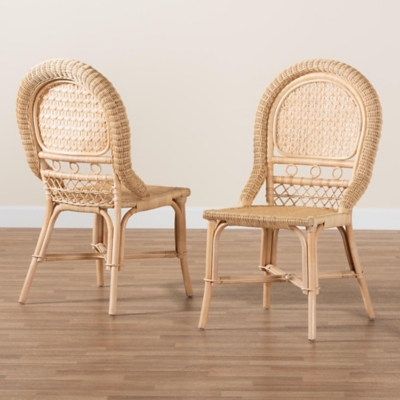 Two rattan dining chairs in a room